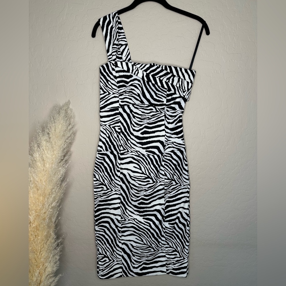 Zebra Print One Shoulder Cocktail Dress, size S